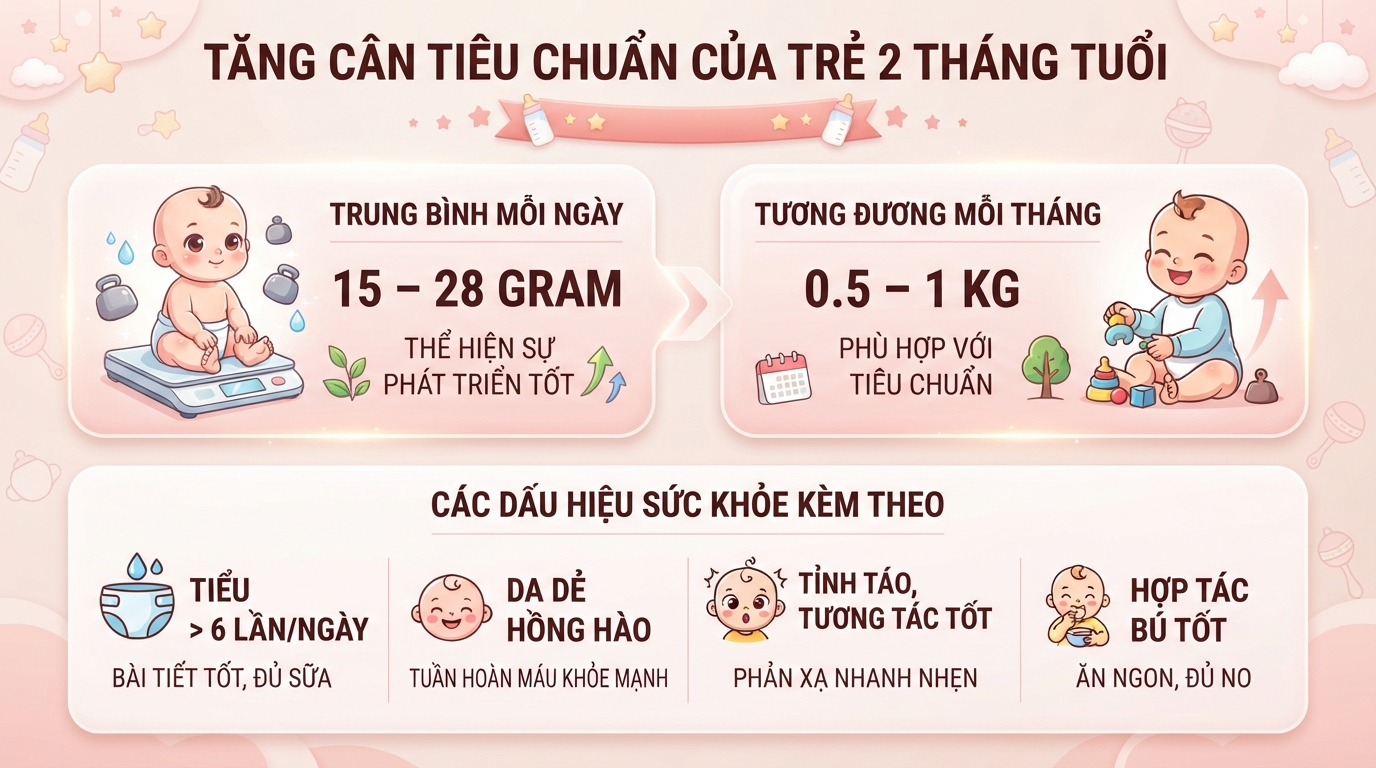 Trong 3 tháng đầu, bé thường tăng khoảng 150–200g mỗi tuần.