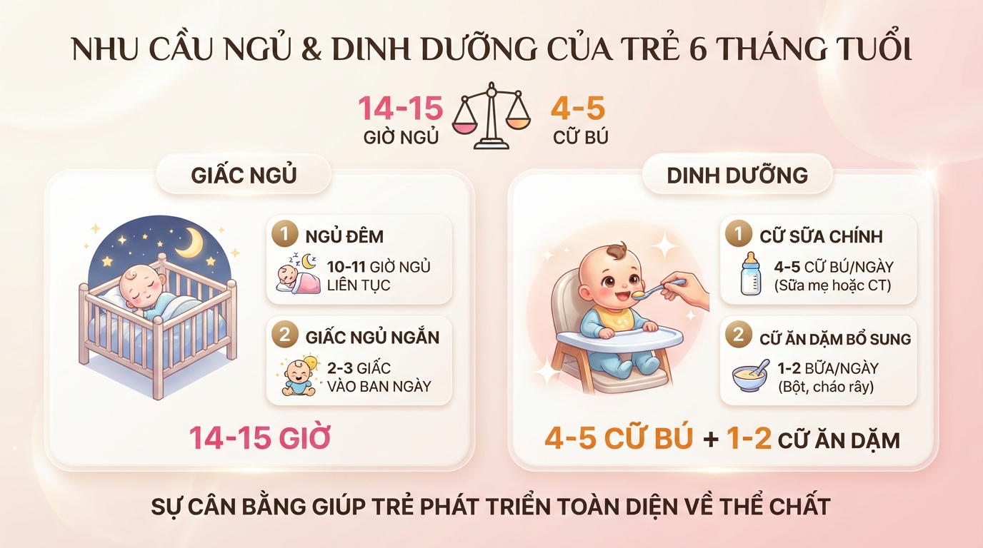 Trẻ 6 tháng cần cân bằng giữa 14-15 giờ ngủ và 4-5 cữ bú mỗi ngày. Trẻ 6 tháng cần cân bằng giữa 14-15 giờ ngủ và 4-5 cữ bú mỗi ngày.