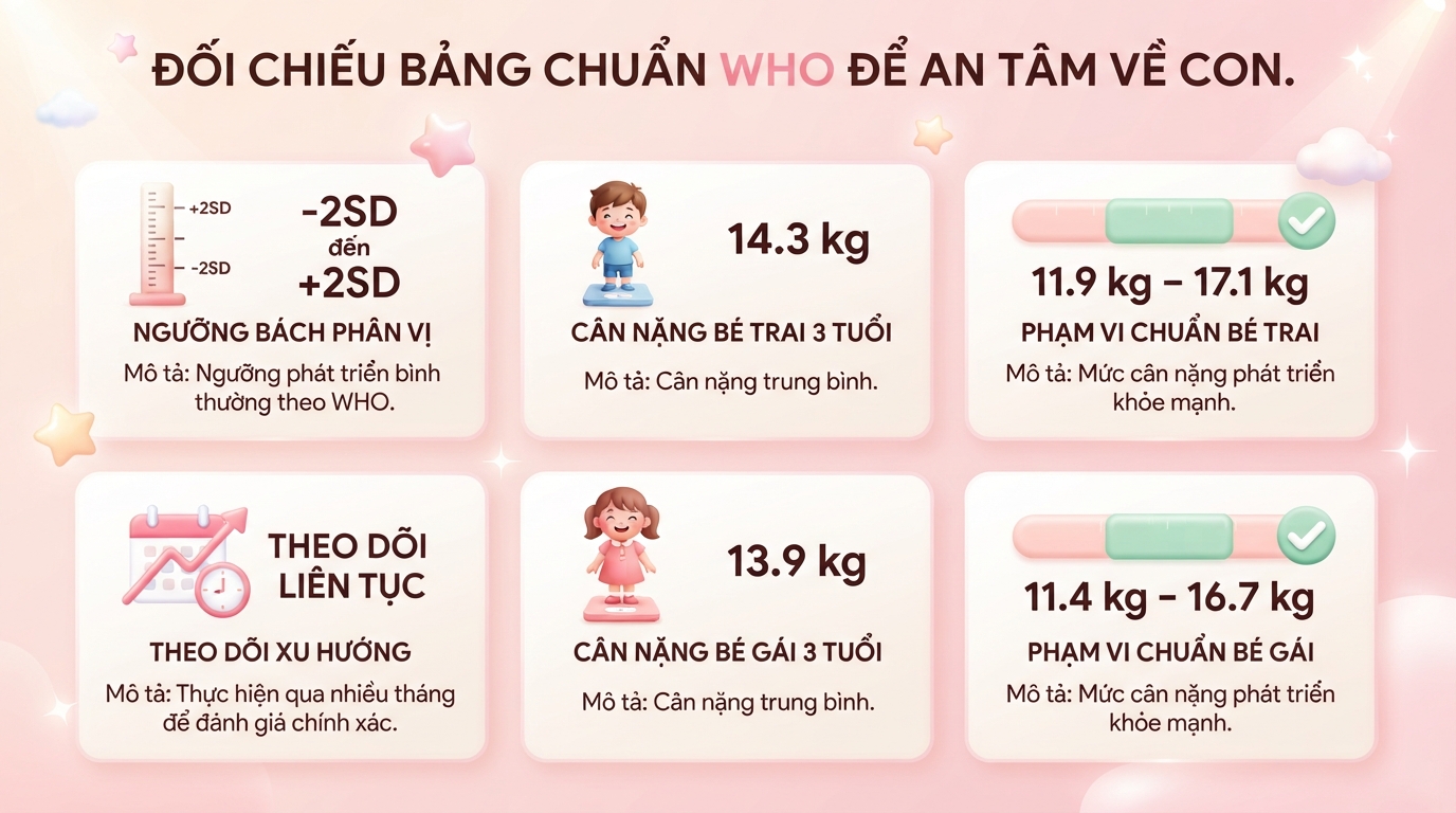 Bé 3 tuổi nặng bao nhiêu kg là bình thường? Bảng chuẩn WHO