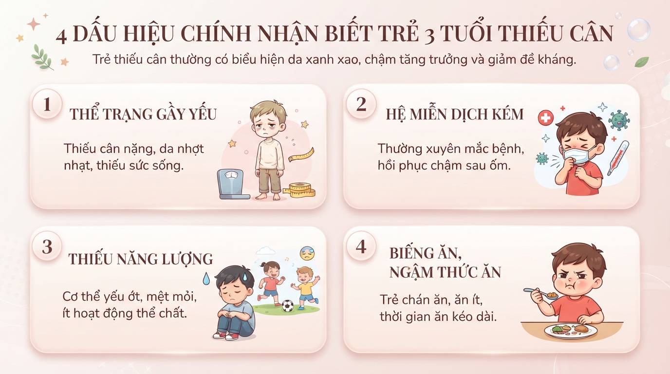 Bé thiếu cân thường gầy, da xanh xao và hay ốm vặt.