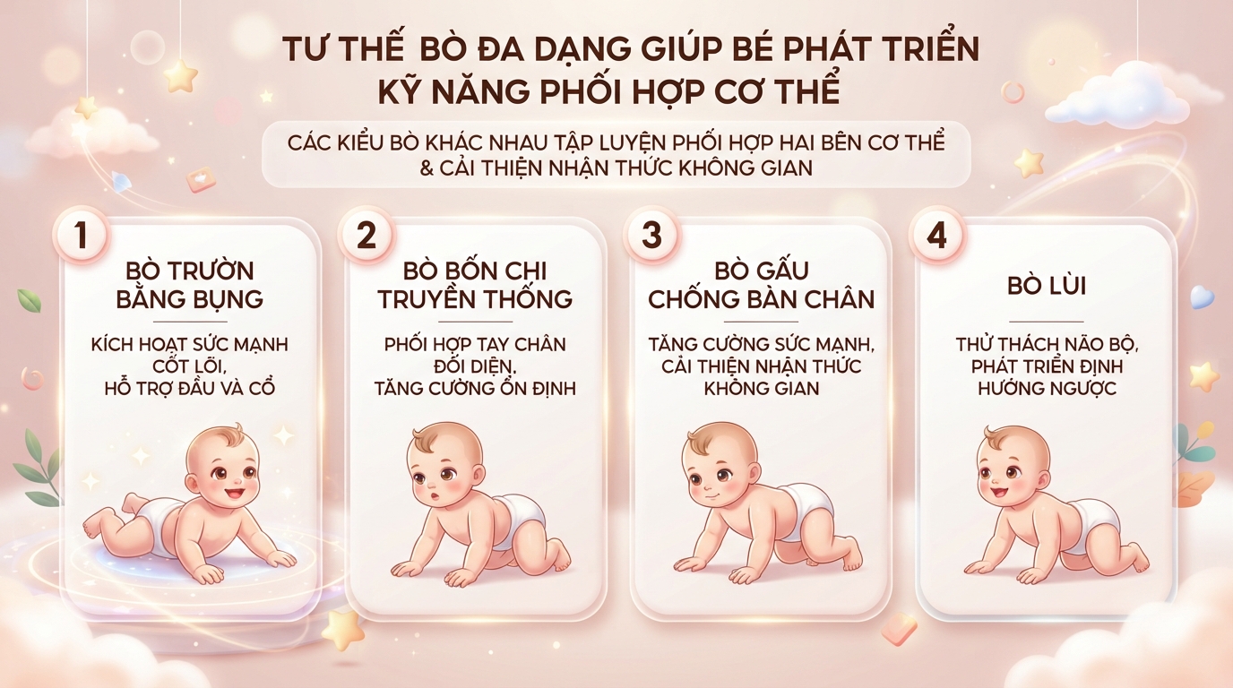 Tư thế bò đa dạng giúp bé phát triển khả năng phối hợp hai bên cơ thể. Tư thế bò đa dạng giúp bé phát triển khả năng phối hợp hai bên cơ thể.