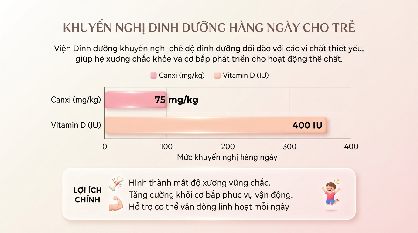 Viện Dinh dưỡng khuyến nghị 75mg Canxi/kg mỗi ngày giúp hệ xương chắc khỏe vận động. Viện Dinh dưỡng khuyến nghị 75mg Canxi/kg mỗi ngày giúp hệ xương chắc khỏe vận động.