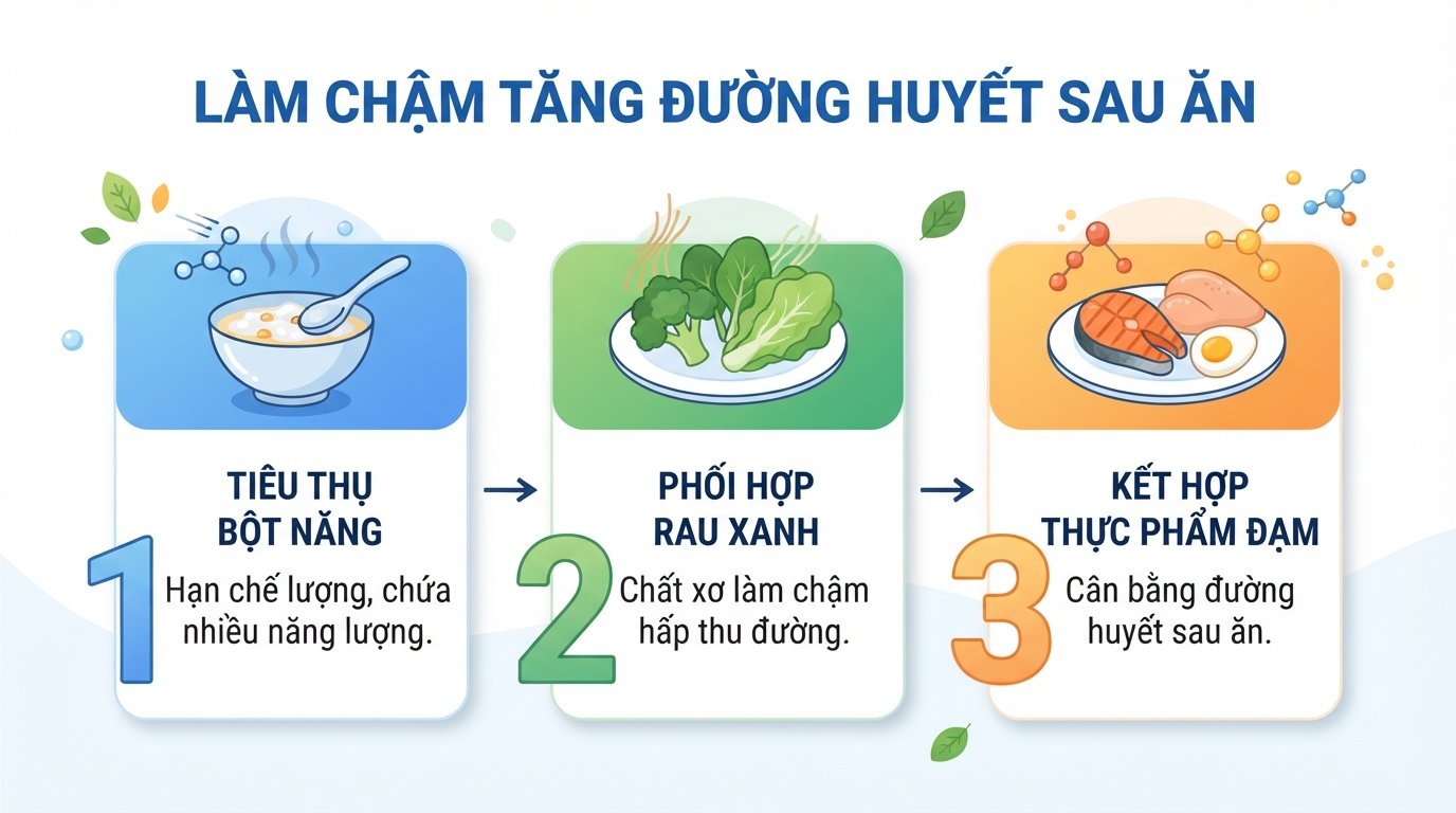 Ăn kèm đạm và rau xanh giúp làm chậm tốc độ tăng đường huyết sau ăn.