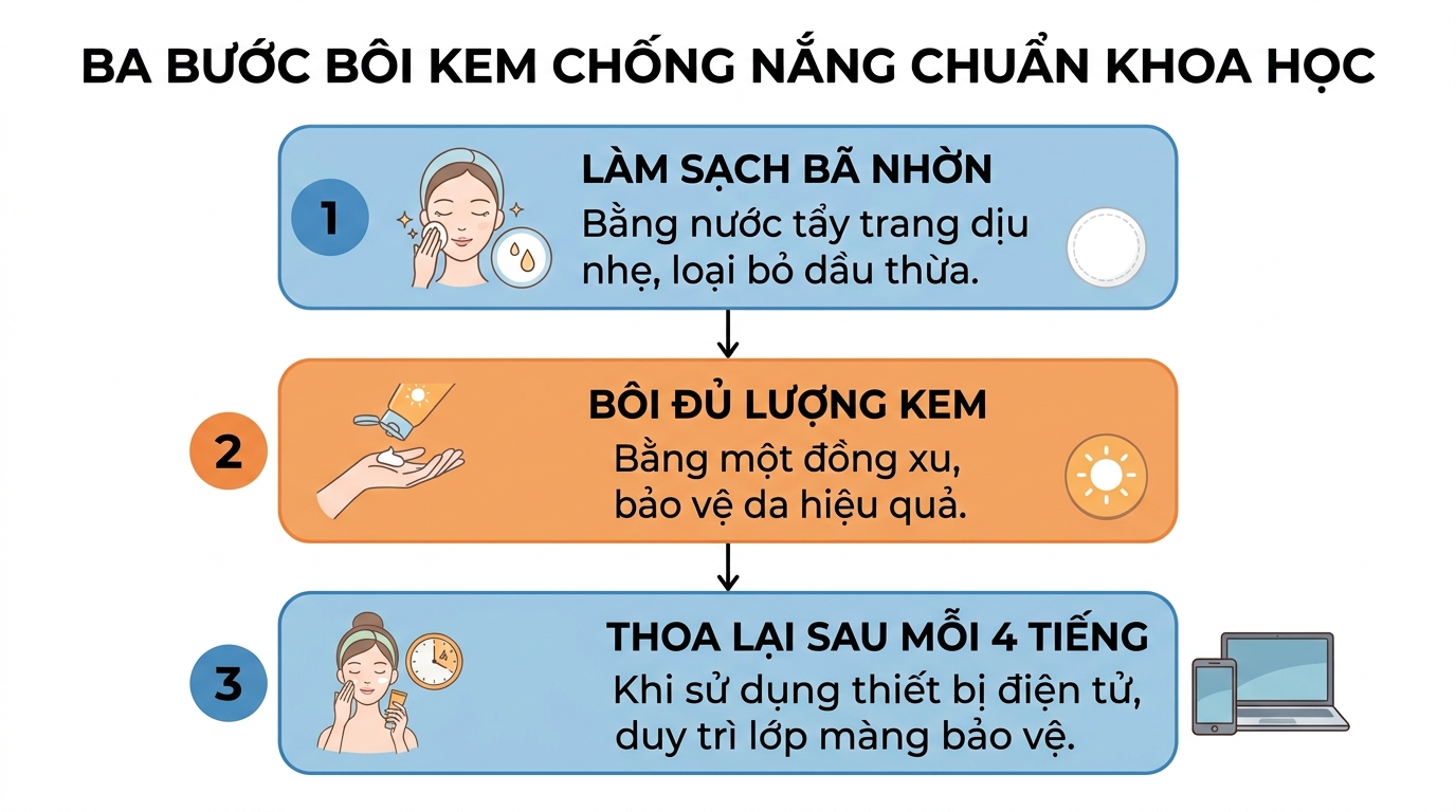 Ba bước bôi kem chống nắng chuẩn khoa học hỗ trợ bảo vệ da toàn diện.