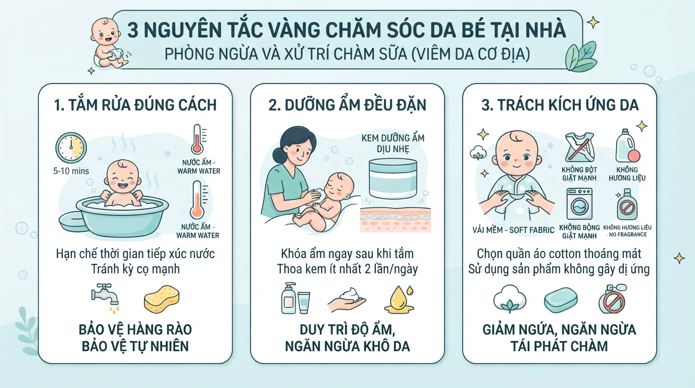Ba nguyên tắc vàng giúp cha mẹ chăm sóc da bé đúng cách tại nhà.