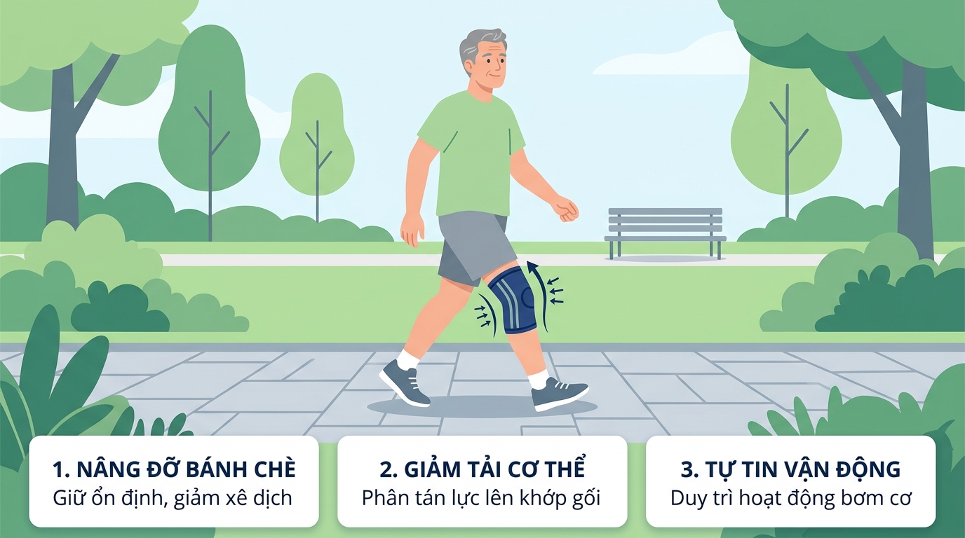 Băng bảo vệ khớp gối giúp giảm tải trọng, hỗ trợ người bệnh vận động thoải mái.