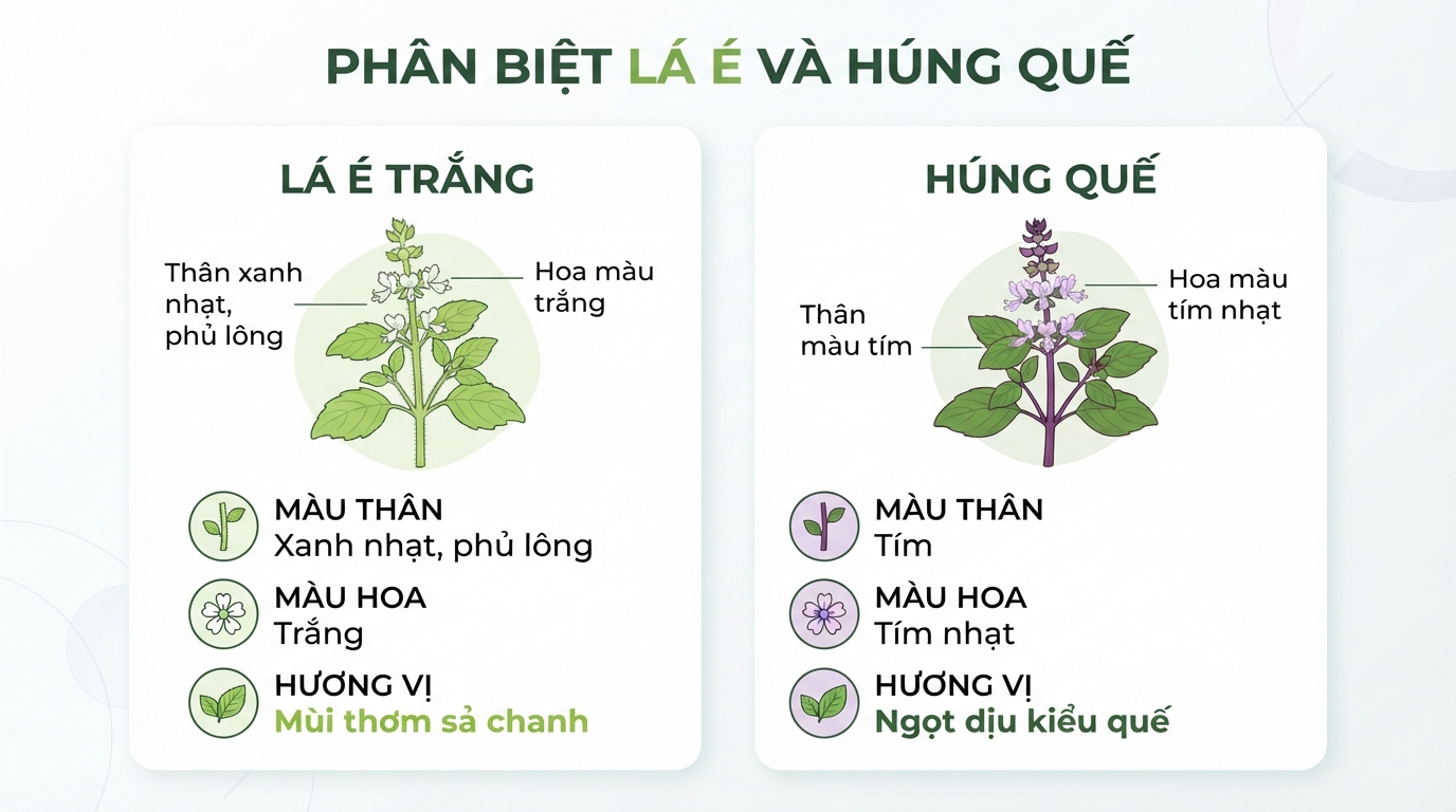 Bảng phân biệt lá é và húng quế dựa trên màu thân, hoa và hương vị.