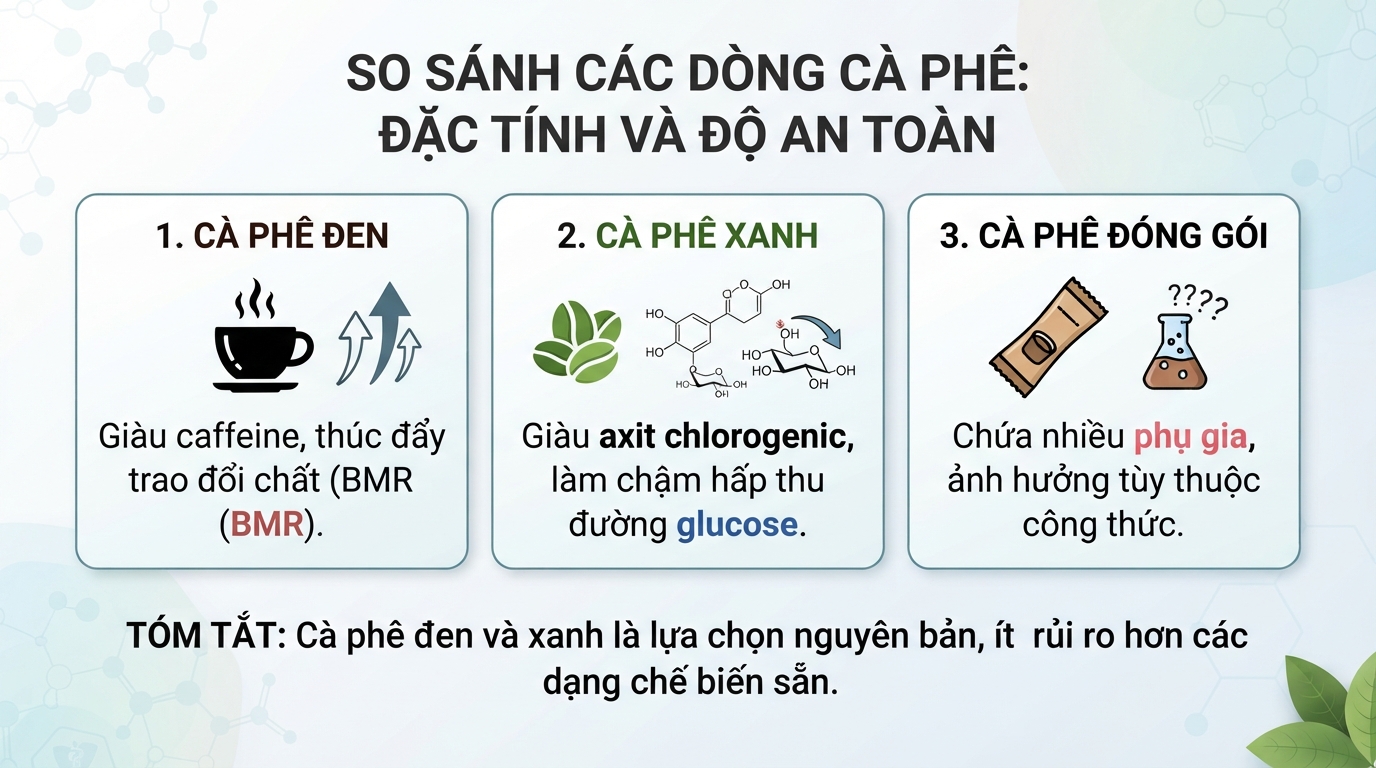 Bảng so sánh đặc tính và độ an toàn của các dòng cà phê phổ biến.