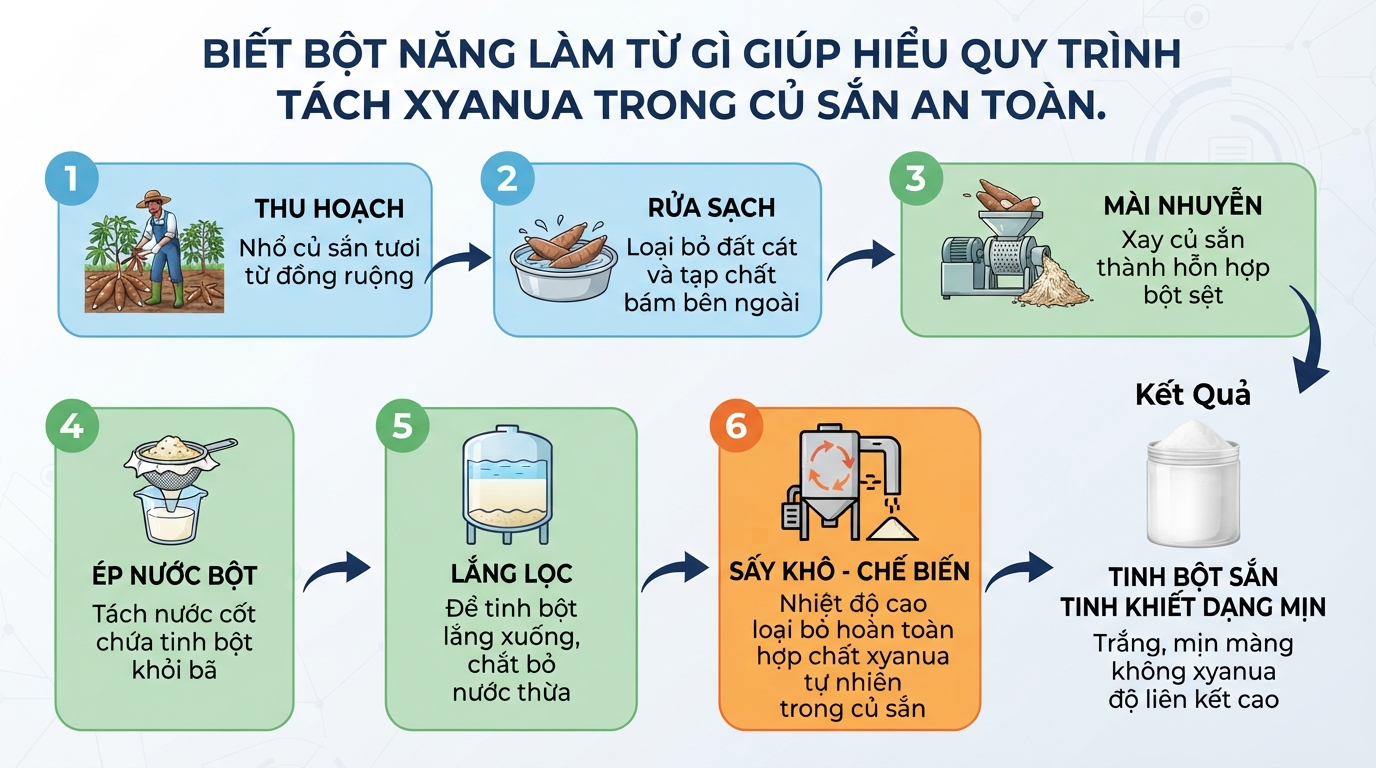 Biết bột năng làm từ gì giúp hiểu quy trình tách xyanua trong củ sắn an toàn.
