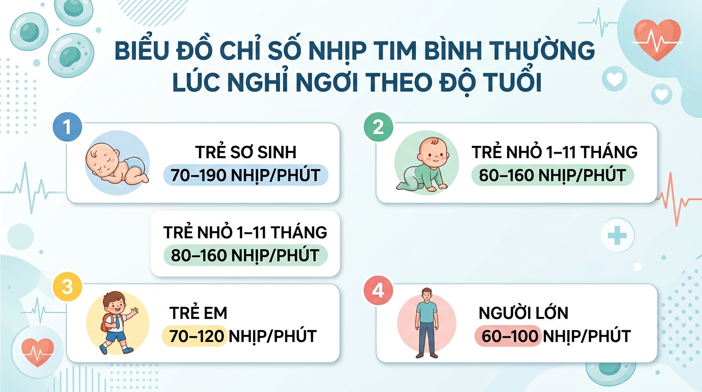 Biểu đồ chỉ số nhịp tim bình thường lúc nghỉ ngơi theo từng độ tuổi.
