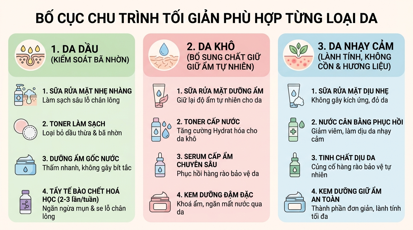 Bố cục chu trình tối giản phù hợp cho từng loại da chuyên biệt.