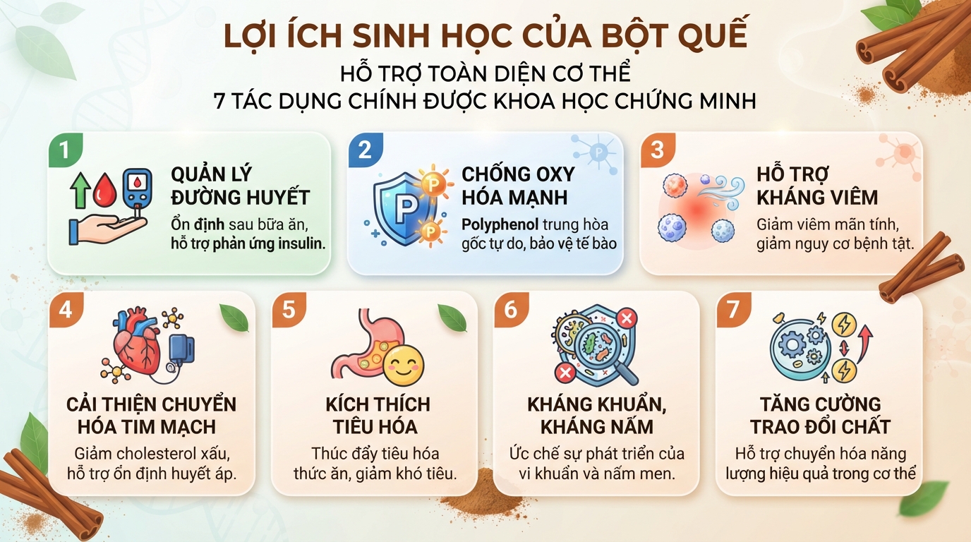 Bột quế chứa hàm lượng cinnamaldehyde và polyphenol cao giúp hỗ trợ toàn diện các cơ quan.