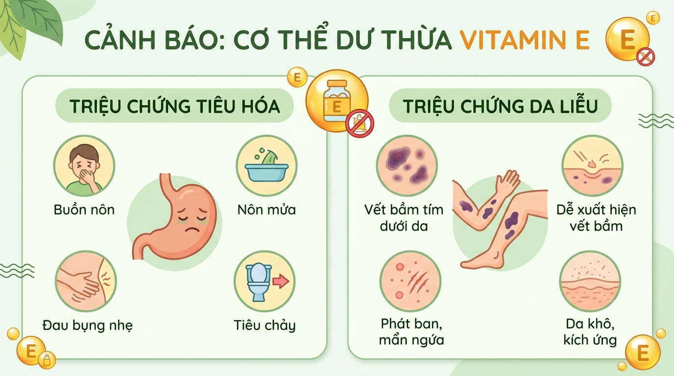 Buồn nôn và vết bầm tím dưới da cảnh báo lượng vitamin E đang vượt mức cho phép.