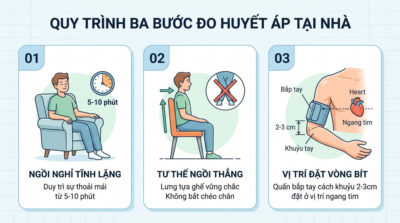 Các bước chuẩn bị tư thế và vị trí đặt vòng bít khi đo tại nhà.