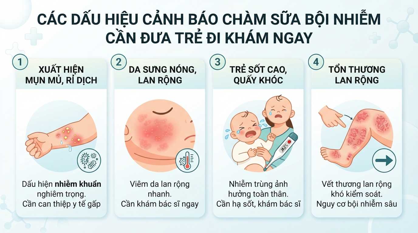 Các dấu hiệu cảnh báo chàm sữa bội nhiễm cần đưa trẻ đi khám ngay.