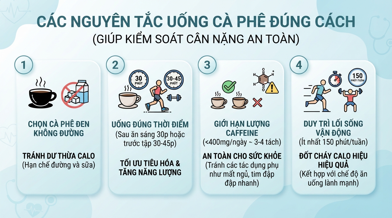 Các nguyên tắc uống cà phê đúng cách giúp kiểm soát cân nặng an toàn.