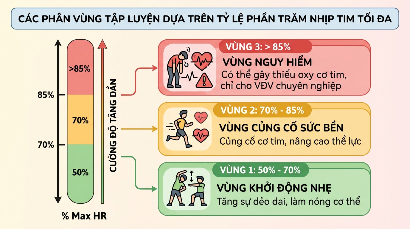 Các phân vùng tập luyện dựa trên tỷ lệ phần trăm nhịp tim tối đa.