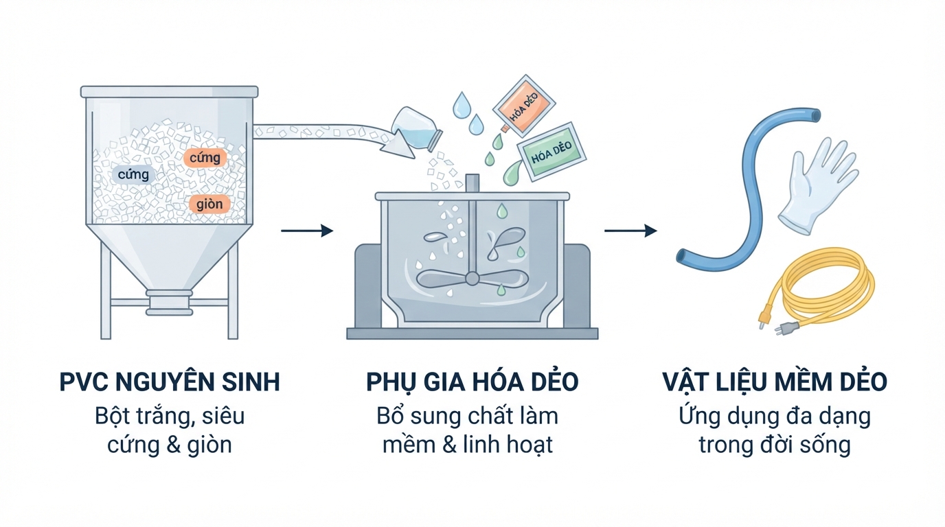Cấu trúc hạt pvc nguyên sinh dạng bột trắng cần thêm phụ gia để trở nên mềm dẻo.