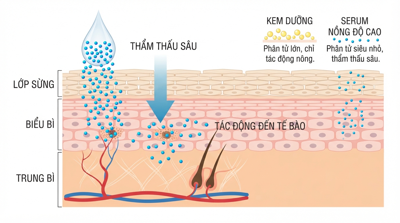 Cấu trúc phân tử của serum giúp hoạt chất thấm sâu qua các lớp biểu bì.