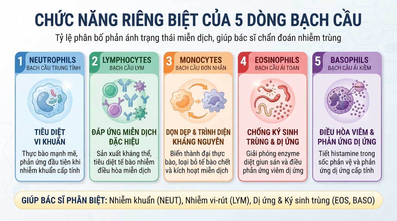Chức năng riêng biệt của 5 dòng bạch cầu trong phản ứng miễn dịch bảo vệ cơ thể.