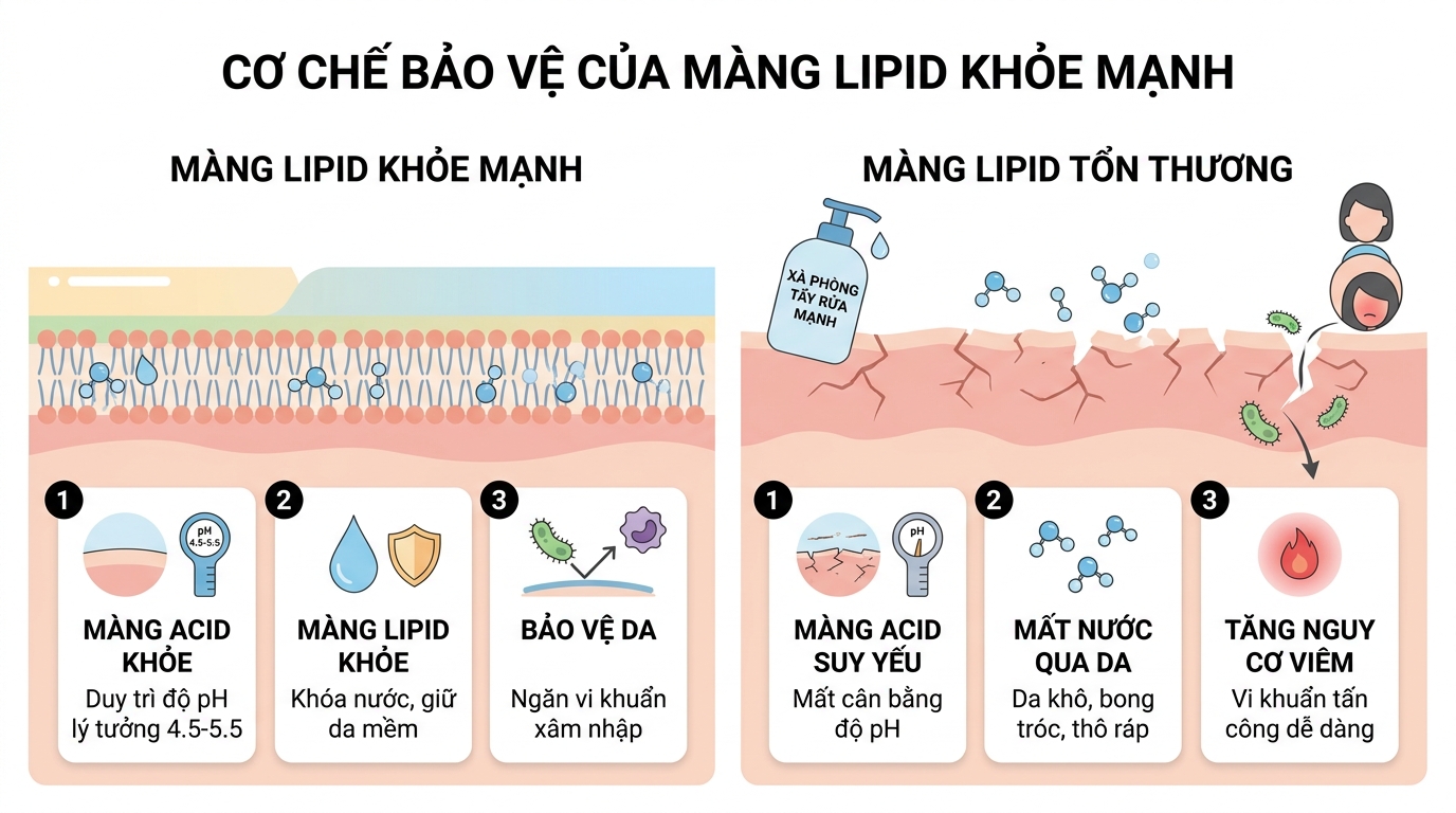 Cơ chế bảo vệ của màng lipid khỏe mạnh trong chu trình skincare khoa học.