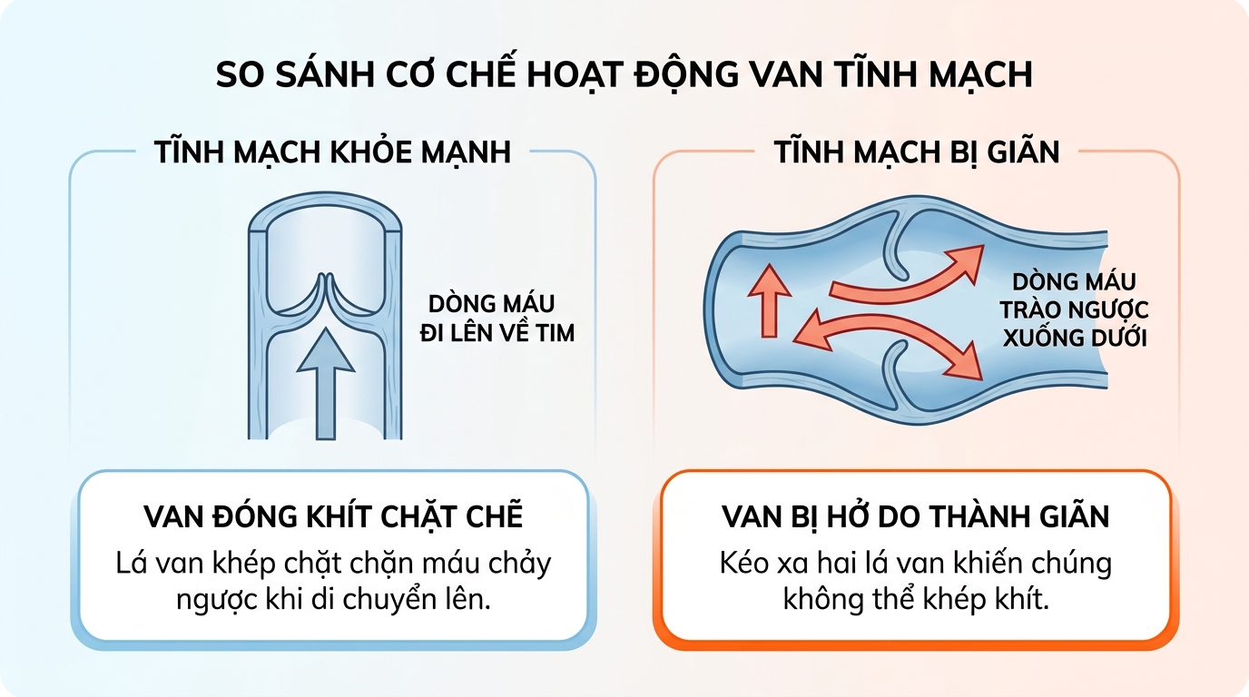 Cơ chế van đóng khít ở người khỏe mạnh và van bị hở gây giãn tĩnh mạch.