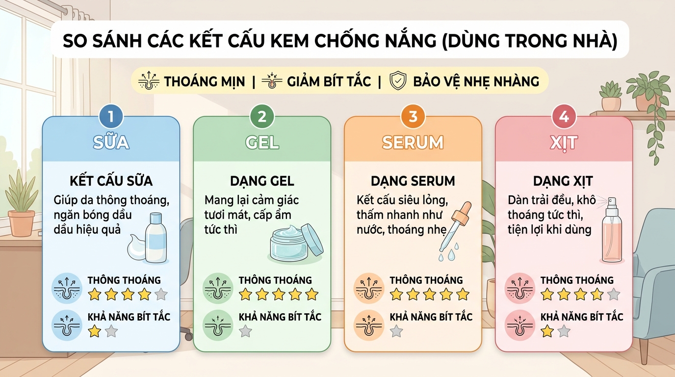 Đặc điểm các kết cấu chống nắng giúp tối ưu màng bảo vệ thoáng mịn cho da.