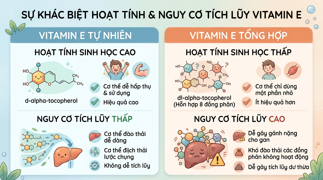 Dạng vitamin E tổng hợp dễ gây gánh nặng cho gan và có nguy cơ tích lũy cao.