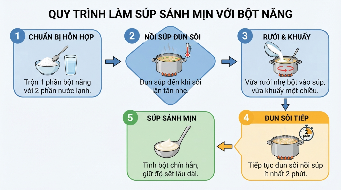 Đun sôi súp đủ thời gian giúp tinh bột chín hẳn, tránh hiện tượng vữa chảy nước.