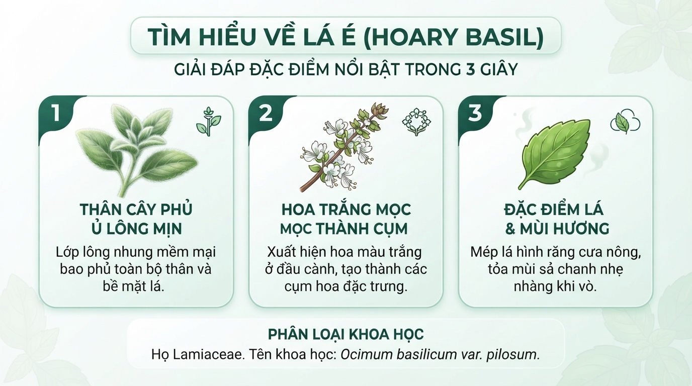 Giải đáp lá é là gì qua đặc điểm thân phủ lông mịn và hoa trắng.