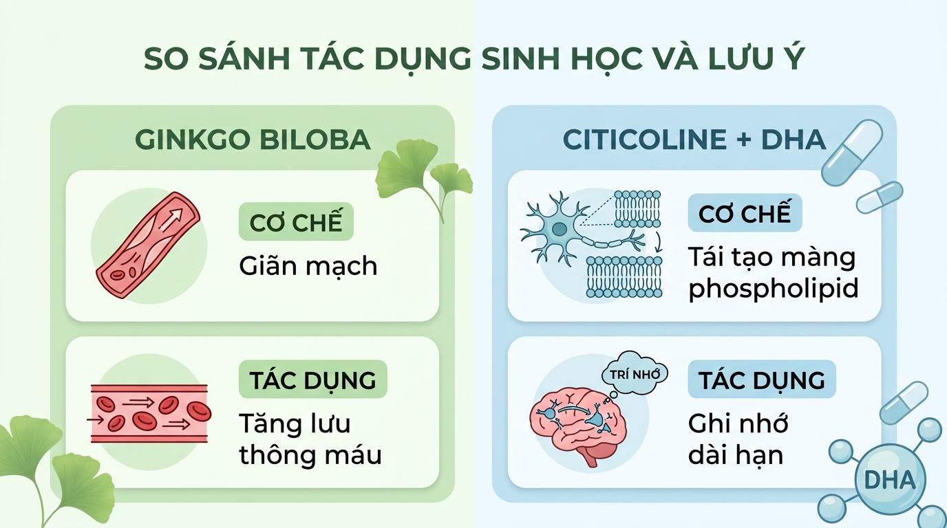 Ginkgo Biloba giúp tăng tuần hoàn máu, còn Citicoline và DHA giúp tái cấu trúc neuron.