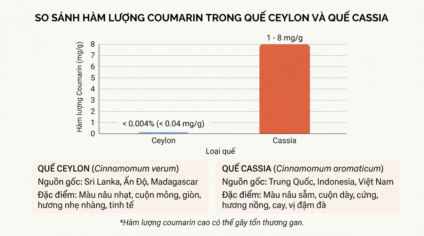 Hàm lượng coumarin trong quế Cassia cao gấp hàng trăm lần so với quế Ceylon.