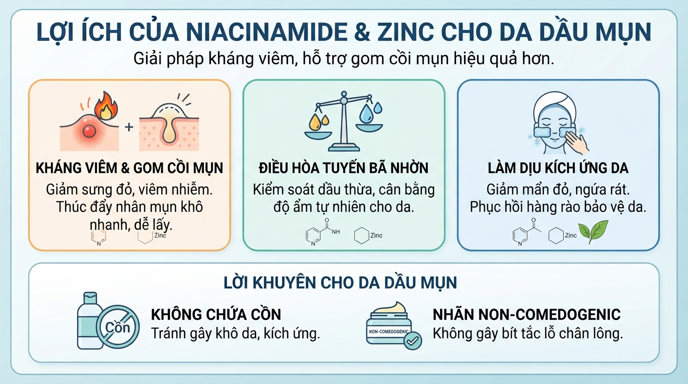 Hoạt chất Niacinamide và Zinc giúp kháng viêm, hỗ trợ gom cồi mụn hiệu quả hơn. Hoạt chất Niacinamide và Zinc giúp kháng viêm, hỗ trợ gom cồi mụn hiệu quả hơn.