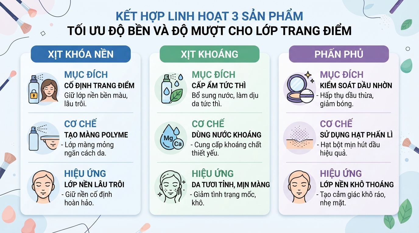 Kết hợp linh hoạt ba loại sản phẩm giúp tối ưu độ bền và độ mượt cho lớp trang điểm.