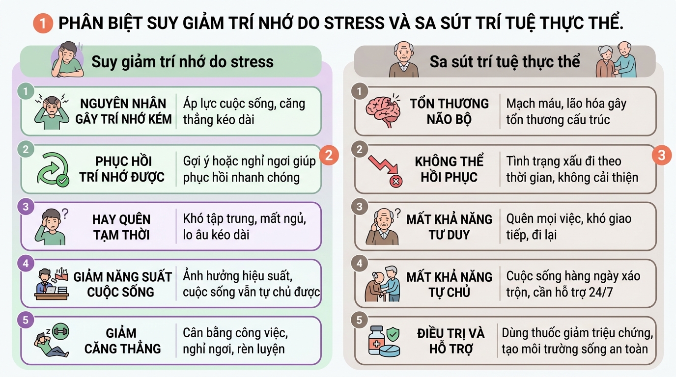 Khác biệt giữa suy giảm trí nhớ do stress và sa sút trí tuệ thực thể.