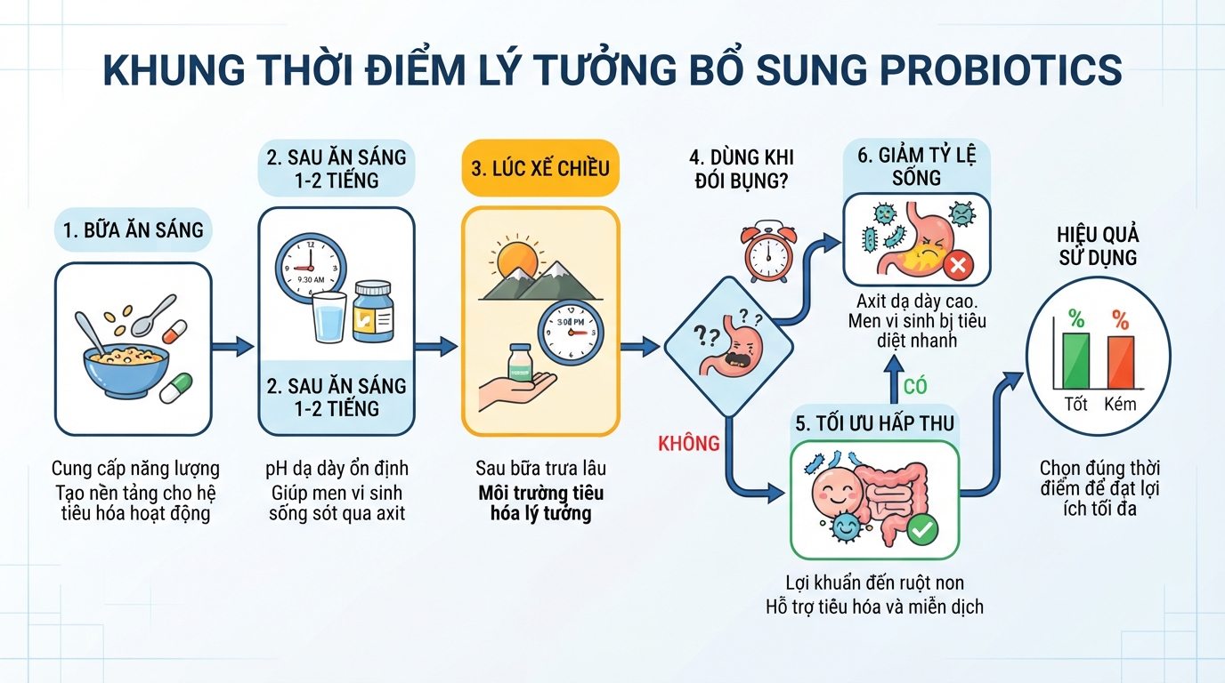 Khung thời điểm lý tưởng giúp cơ thể hấp thu tối đa lợi khuẩn probiotics trong ngày.