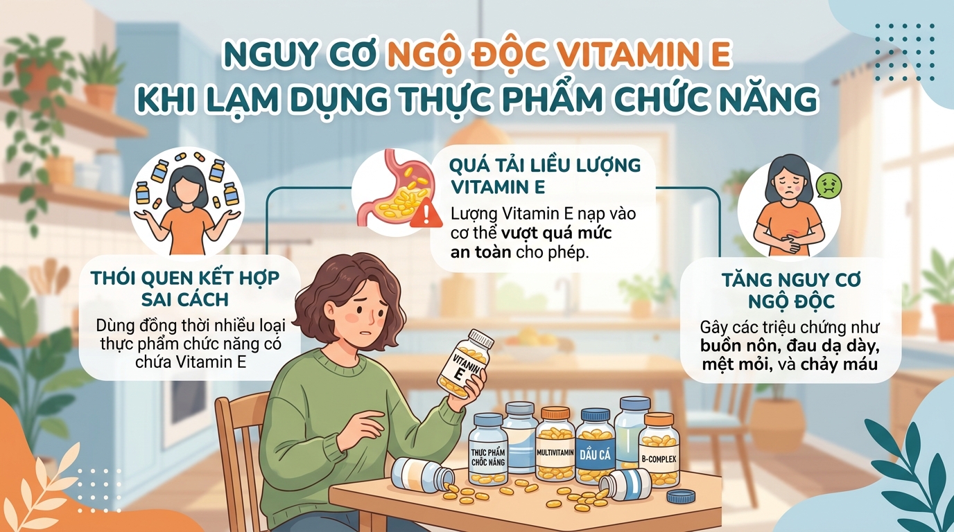 Lạm dụng đồng thời nhiều loại thực phẩm chức năng làm tăng nguy cơ ngộ độc vitamin E.