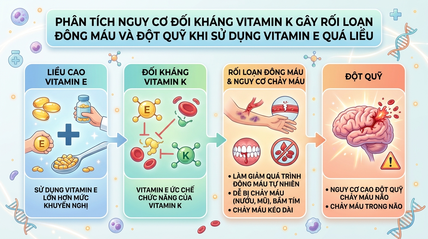 Liều cao vitamin E gây đối kháng vitamin K, dẫn đến nguy cơ chảy máu và đột quỵ.