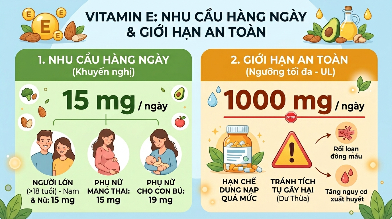 Liều lượng vitamin E khuyến nghị giúp phòng tránh tình trạng thừa vitamin e và các biến chứng.