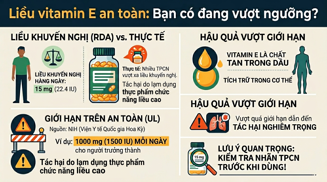 Thừa vitamin E: Dấu hiệu, tác hại và giới hạn liều dùng phù hợp