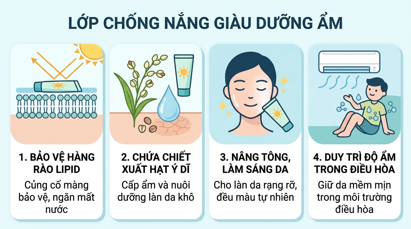 Lớp chống nắng giàu dưỡng ẩm giúp bảo vệ hàng rào lipid cho làn da khô.