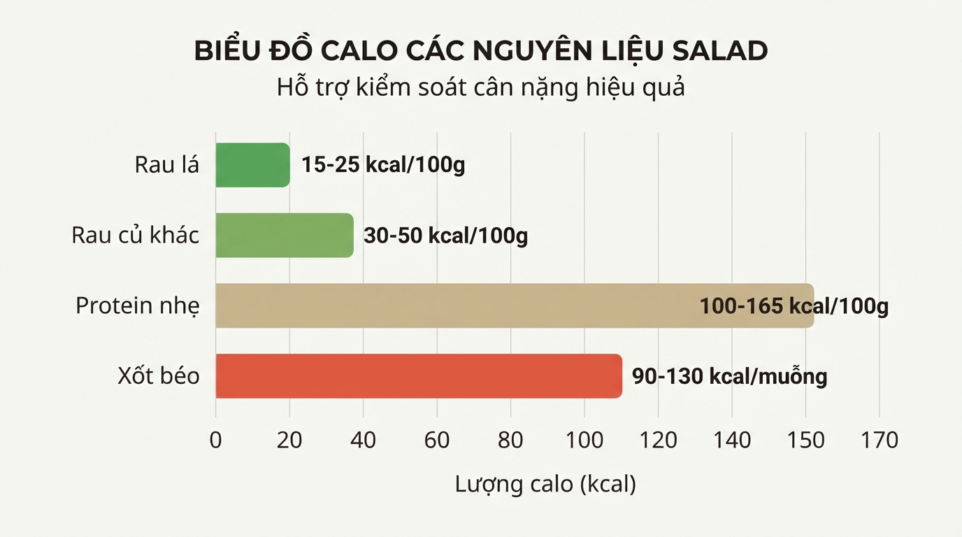 Lượng calo từng nguyên liệu trong món salad rau củ giúp kiểm soát cân nặng hiệu quả.