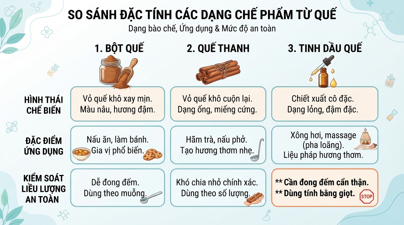 Mỗi dạng chế phẩm từ quế có đặc tính sinh học và mức độ an toàn riêng.