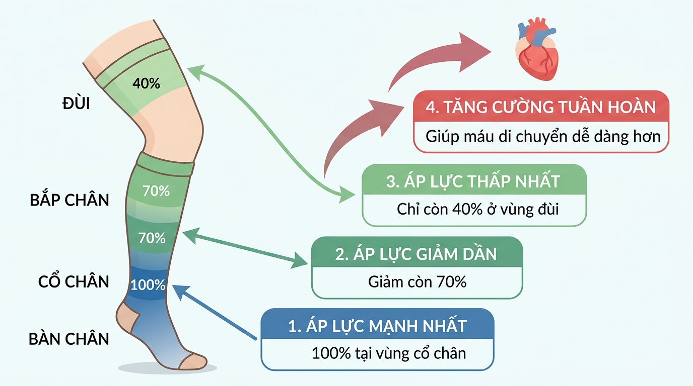 Mức áp lực giảm dần từ cổ chân lên đùi giúp đẩy máu về tim tốt hơn.