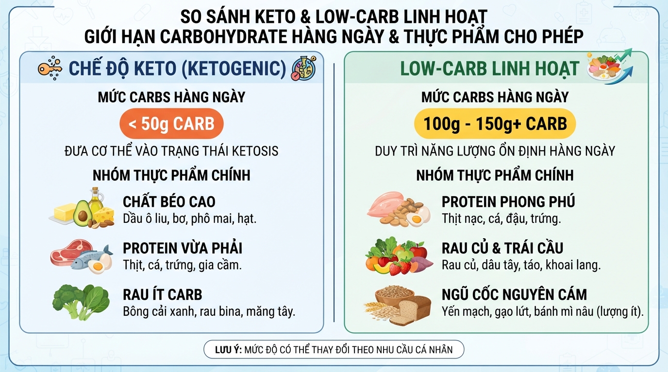 Mức giới hạn carbohydrate hàng ngày và nhóm thực phẩm cho phép ở Keto cùng Low-carb.