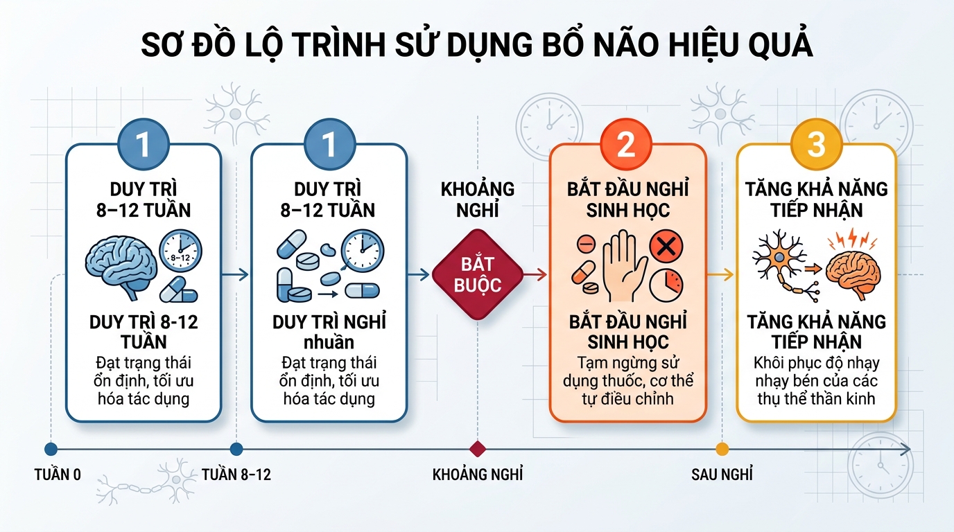 Nên duy trì lộ trình uống bổ não từ 8-12 tuần rồi nghỉ để tránh lờn thuốc.