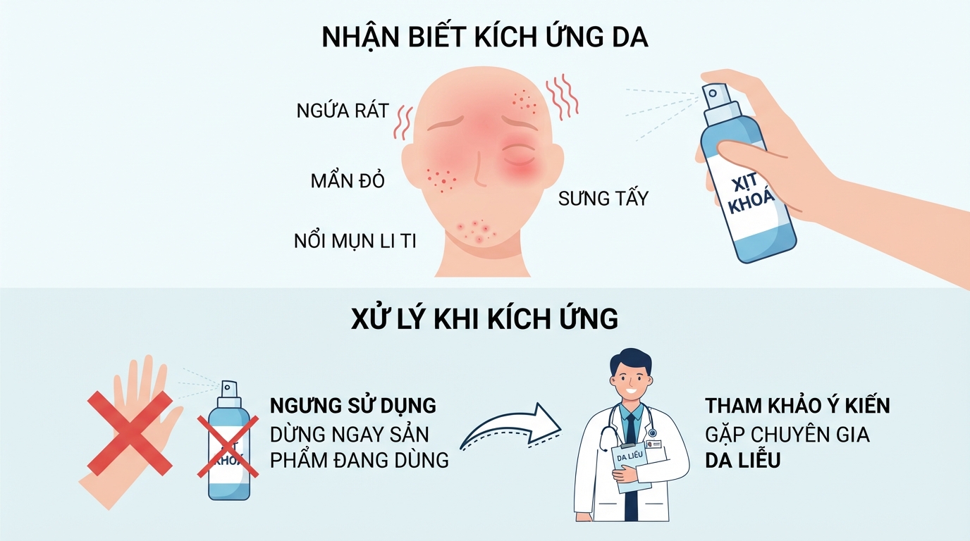 Ngưng sử dụng ngay khi gặp dấu hiệu mẩn đỏ để tránh tổn thương hàng rào bảo vệ da.