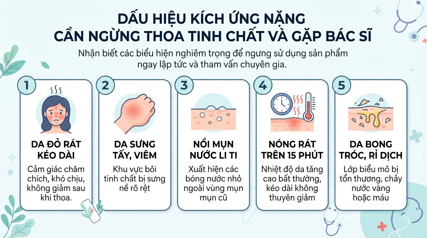 Nhận biết các dấu hiệu kích ứng nặng cần ngưng thoa tinh chất và gặp bác sĩ.