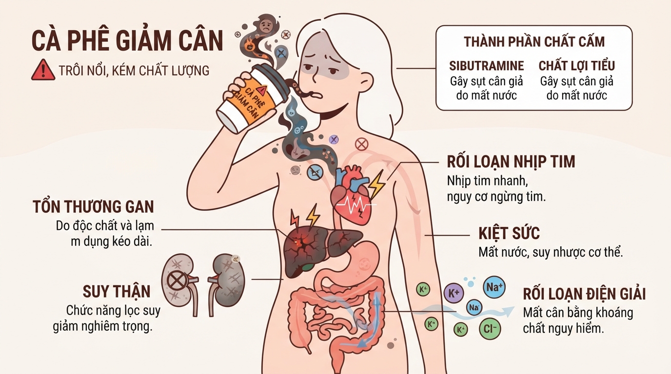 Những nguy cơ tổn thương nội tạng khi dùng cà phê giảm cân trôi nổi.