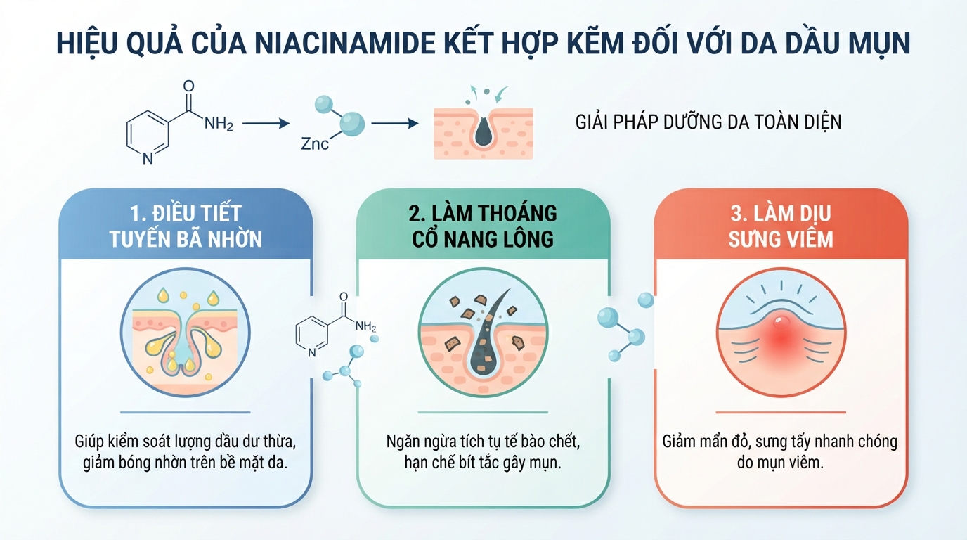Niacinamide kết hợp kẽm hỗ trợ kiểm soát bã nhờn và làm dịu sưng viêm hiệu quả.